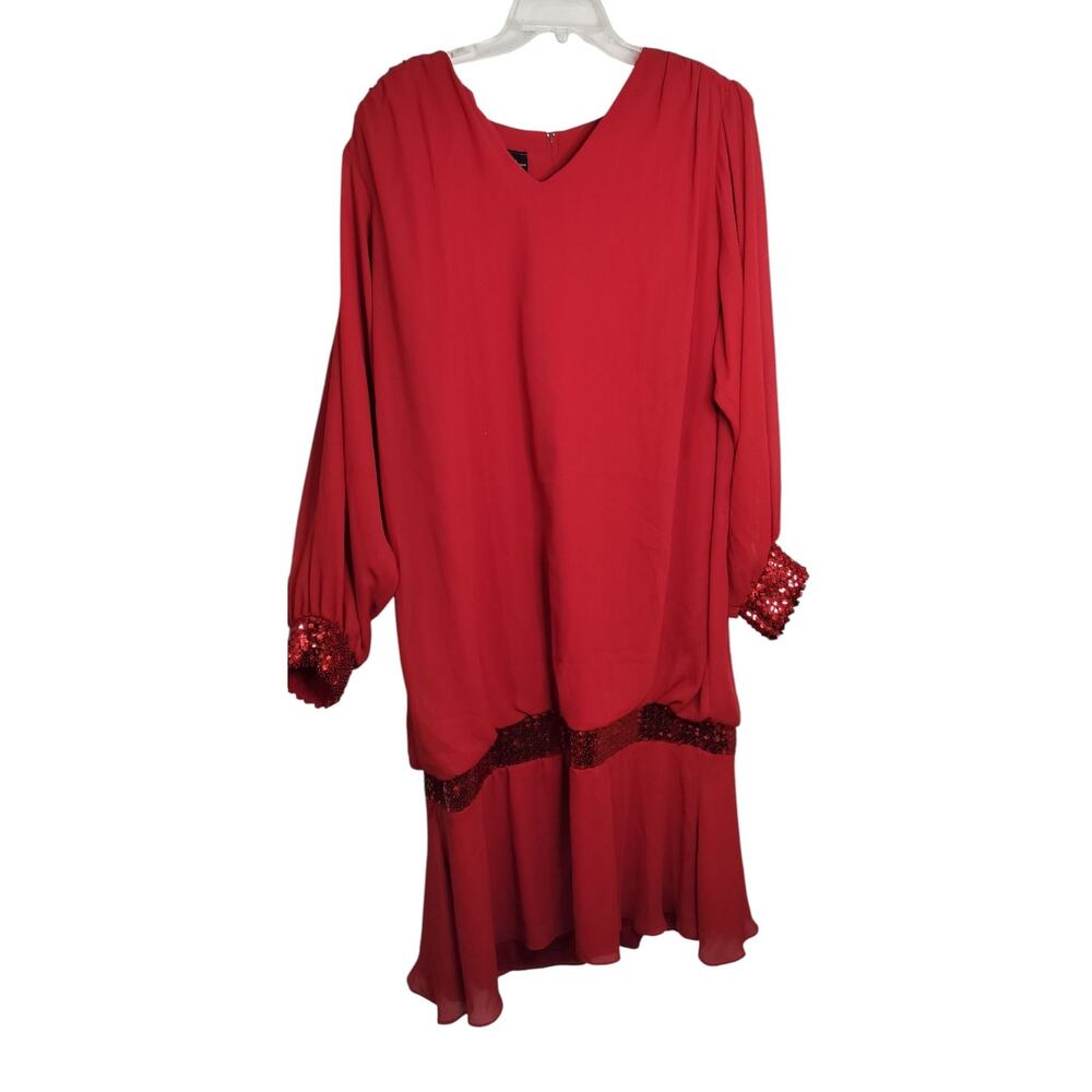 4182)Vtg 80' Chez California by Tandy Red Blouson Drop Waist Sequin Dress 3X?